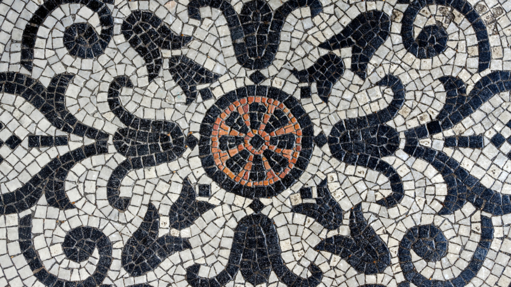 Reclaimed broken mosaic tiles as flooring