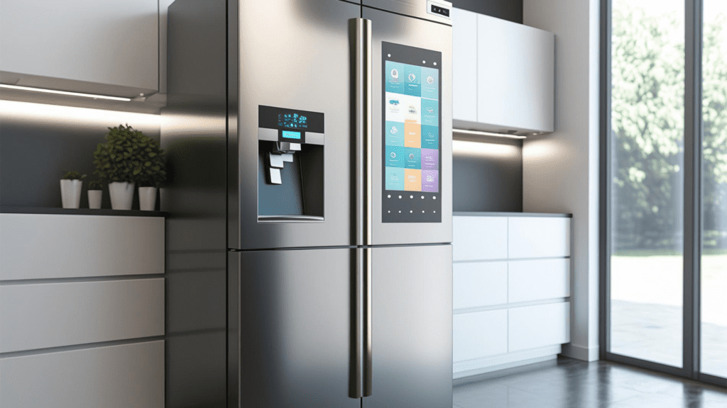 Smart refrigerators, such as those from Samsung or LG, feature touchscreens, inventory tracking, and even recipe suggestions. Source: Canva