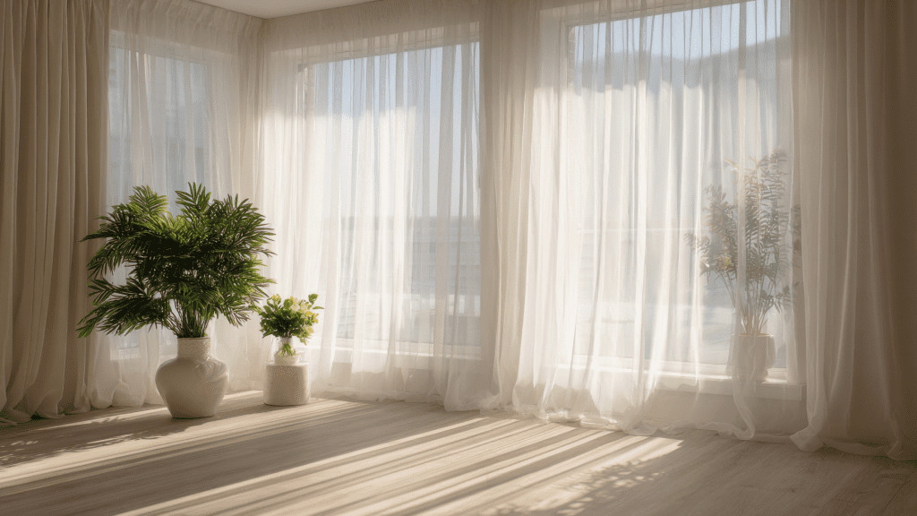 Use lighter, sheer drapes to maximize daylight, reducing the need for artificial lighting during the day. Source: Canva